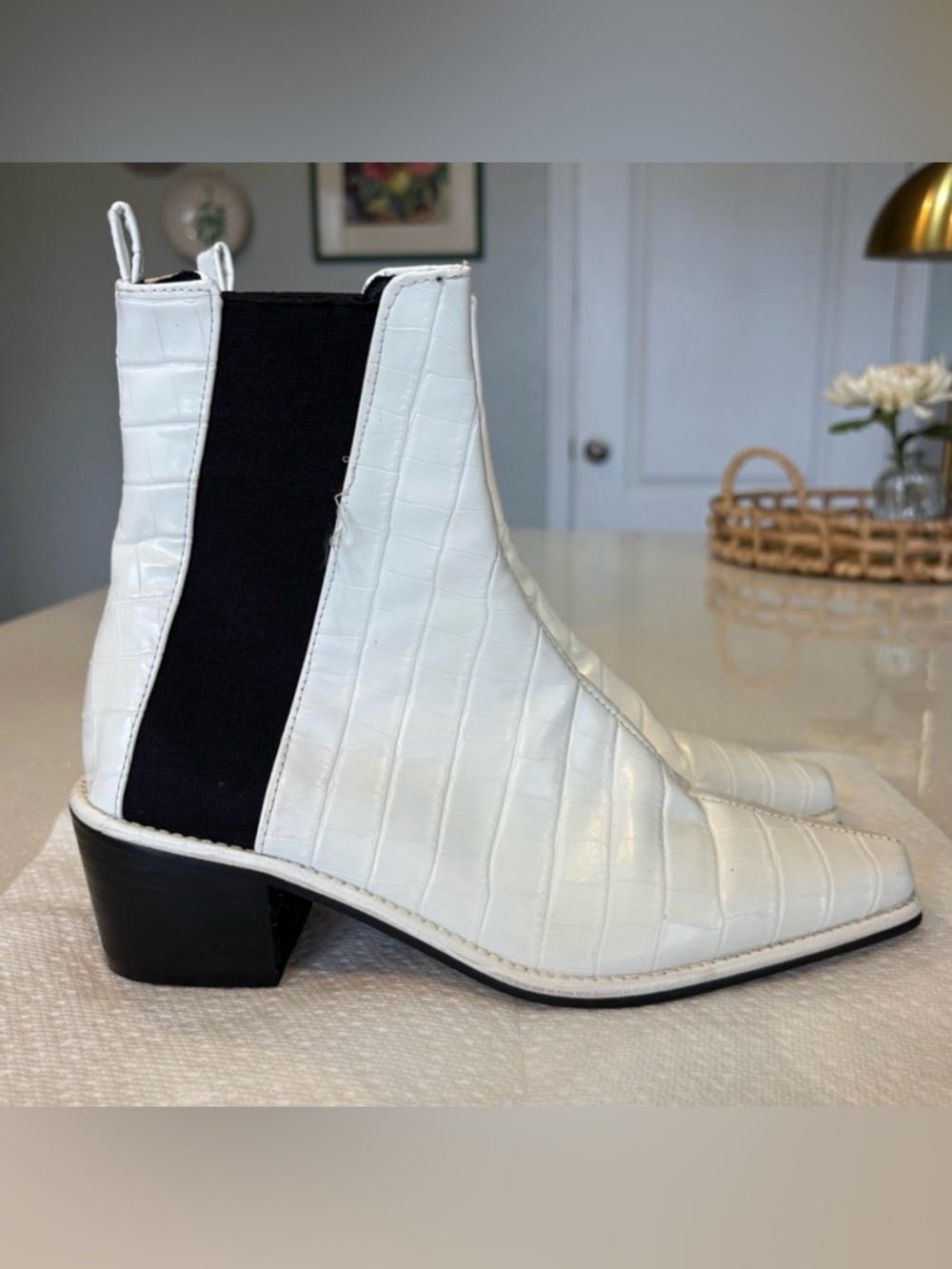White Croc-Embossed Ankle Boots Slip On